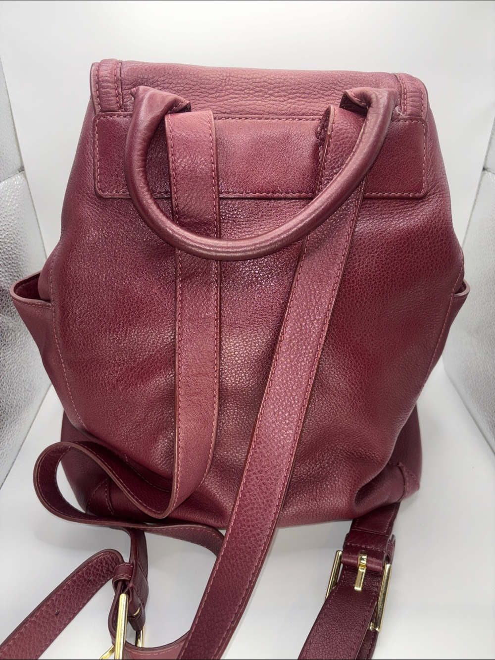 Tory Burch Wine Leather Drawstring Backpack with Gold Logo - Picture 4 of 16